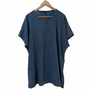 Eileen Fisher Womens Woven Plisse V Neck Crinkle Tunic Top Size L Blue Textured